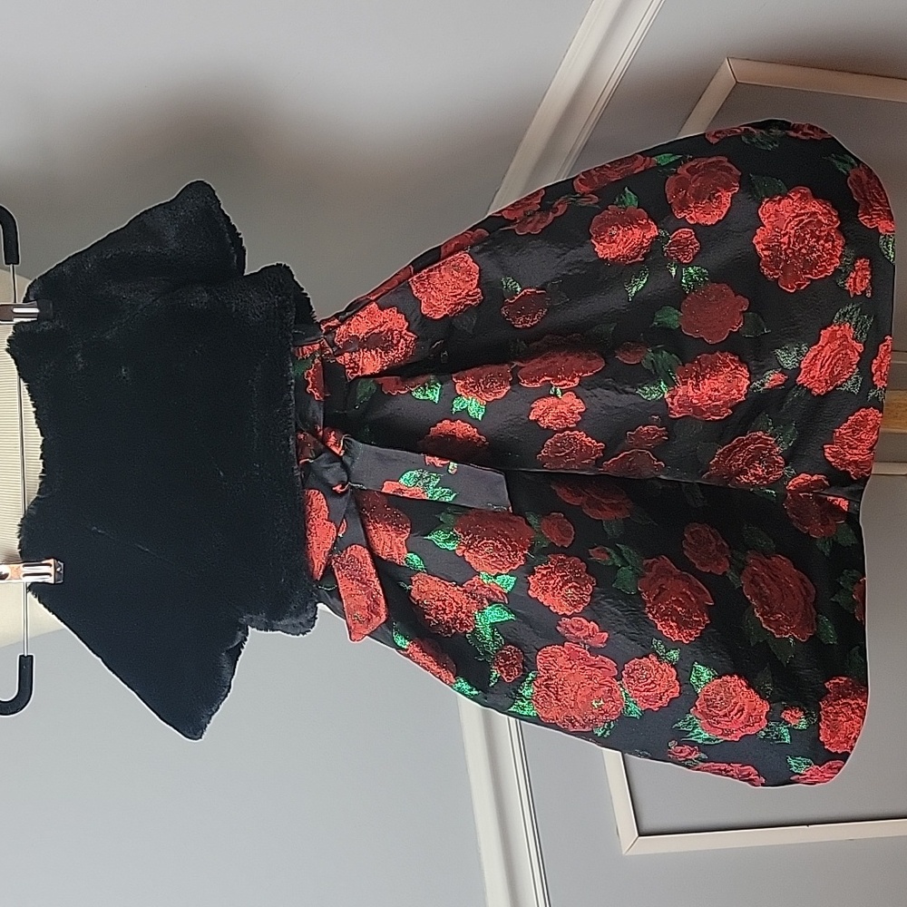 WONDER‎ NATION Black Red Rose Brocade Hi Low Hem Party Dress Faux Fur Shrug 6 - Picture 2 of 12